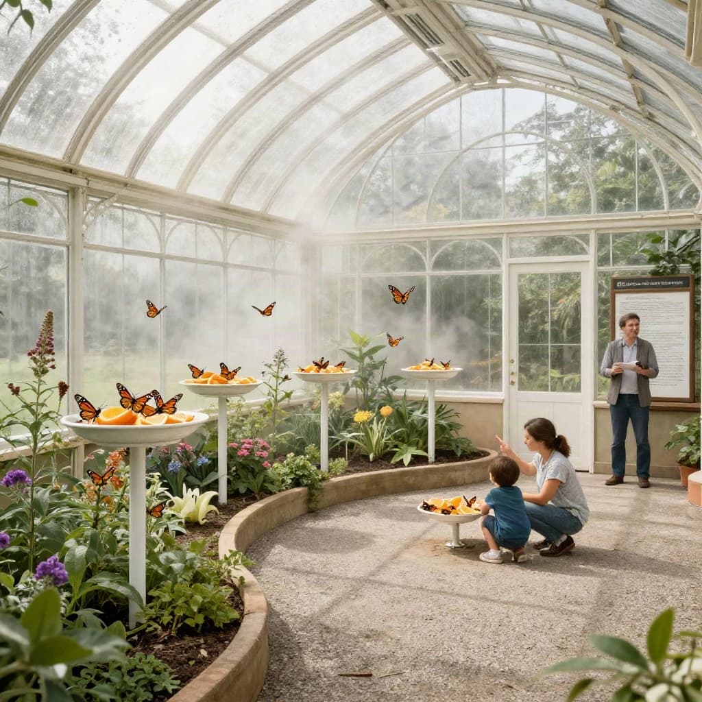 Interior render of a glasshouse butterfly conservatory, white cast iron arches and misted glass, humid morning light.
A raised planting bed spirals through the centre with a gravel path running around it. Five feeding stations on slim posts stand along the path, each holding a shallow dish of orange slices: monarch butterflies cluster on three of the dishes while two are untouched. Seven more monarchs rest on the milkweed in the bed and two are in flight above the path. Three visitors in the room, a child crouching at the nearest feeding station, an adult behind her pointing upward, and a guide standing at the far end beside an information board. Fine mist drifting near the roof vents. Physically based render.