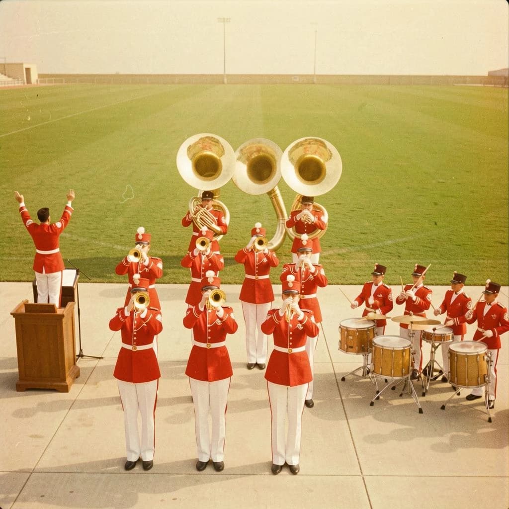 Nineteen seventies Kodachrome-era colour film look, faded warm grain and slight overexposure: a high school marching band seen from a stadium walkway. Front rank of five trumpet players in red and white uniforms, all with horns raised. Behind them three sousaphones in a triangle, the middle player caught mid turn. A line of four drummers to the right, the snare drummer nearest the camera mid stroke. A single drum major stands on a podium at the far left with his back to us, arms up. Empty green field behind them.