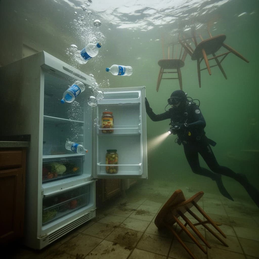 Underwater photograph inside a flooded apartment kitchen, silt green water, one window's worth of light from above. The refrigerator stands with its door swung open; three plastic bottles drift upward out of it, one still capped and two open and trailing bubbles, while a jar of pickles stays wedged on the middle shelf. A diver in a black wetsuit hovers to the right of the door, one hand on the top hinge, the other aiming a torch into the empty vegetable drawer. Two wooden chairs float against the ceiling above her, a third lies on its side on the tiles. Suspended particles, cold contrast, slow shutter softness.