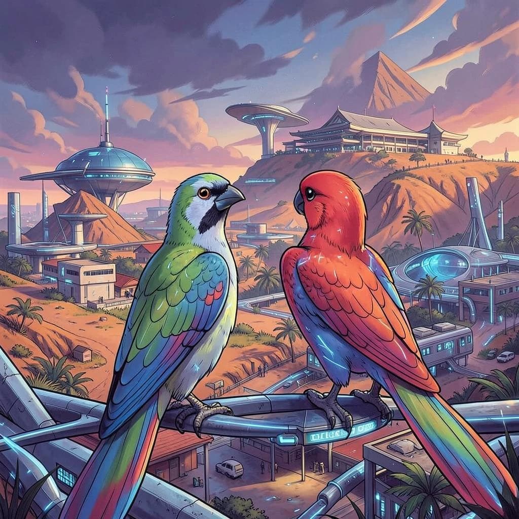 Jacamar and Mollie in Dodoma, Tanzania in the style of futurism
