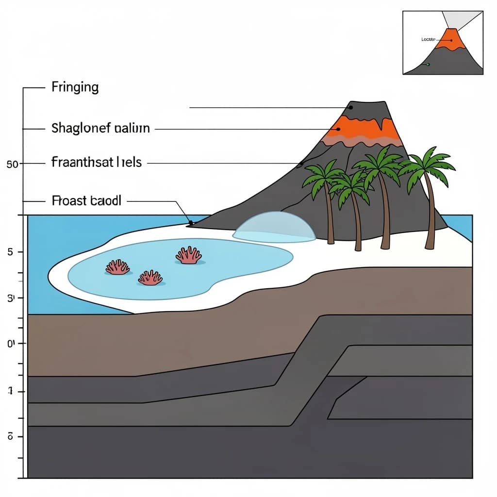 Cross section of a volcanic tropical island as a flat academic figure with clean colour blocks and a horizontal sea level line. Reading from the ocean on the left toward the right: a fringing reef crest, a shallow lagoon holding three coral heads, a white sand beach, a coconut palm belt of five trees, then a rising basalt cone with two lava layers picked out in darker grey, and a freshwater lens drawn as a pale blue dome under the middle of the island. Below sea level the flanks drop in three stepped terraces to a flat deep floor. Eight leader line labels, a depth scale down the left edge, and a small locator inset in the top right.