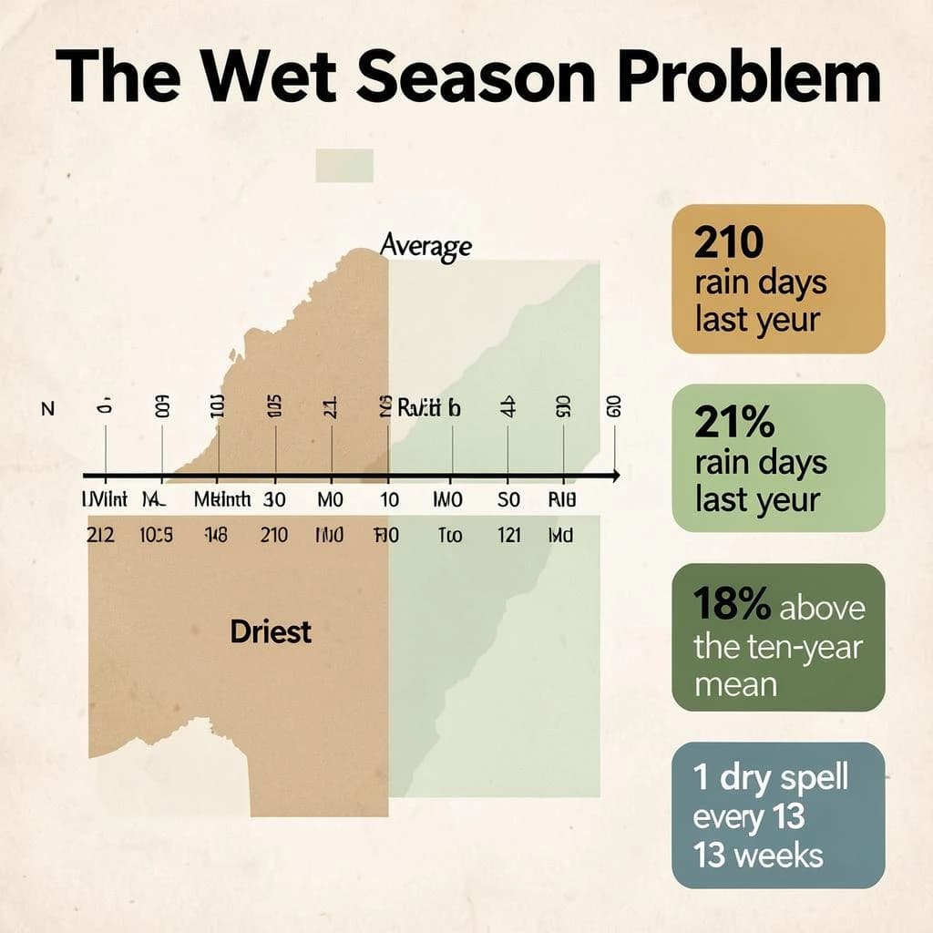 Printed poster titled "The Wet Season Problem". A twelve-month rainfall timeline sits at the center, carrying two keyed regions, "Driest" shaded sand and "Average" shaded pale green. Three stat chips run down a right column, reading "210 rain days last year", "18% above the ten-year mean" and "1 dry spell every 13 weeks". Each key color matches the shading of the region it names.
