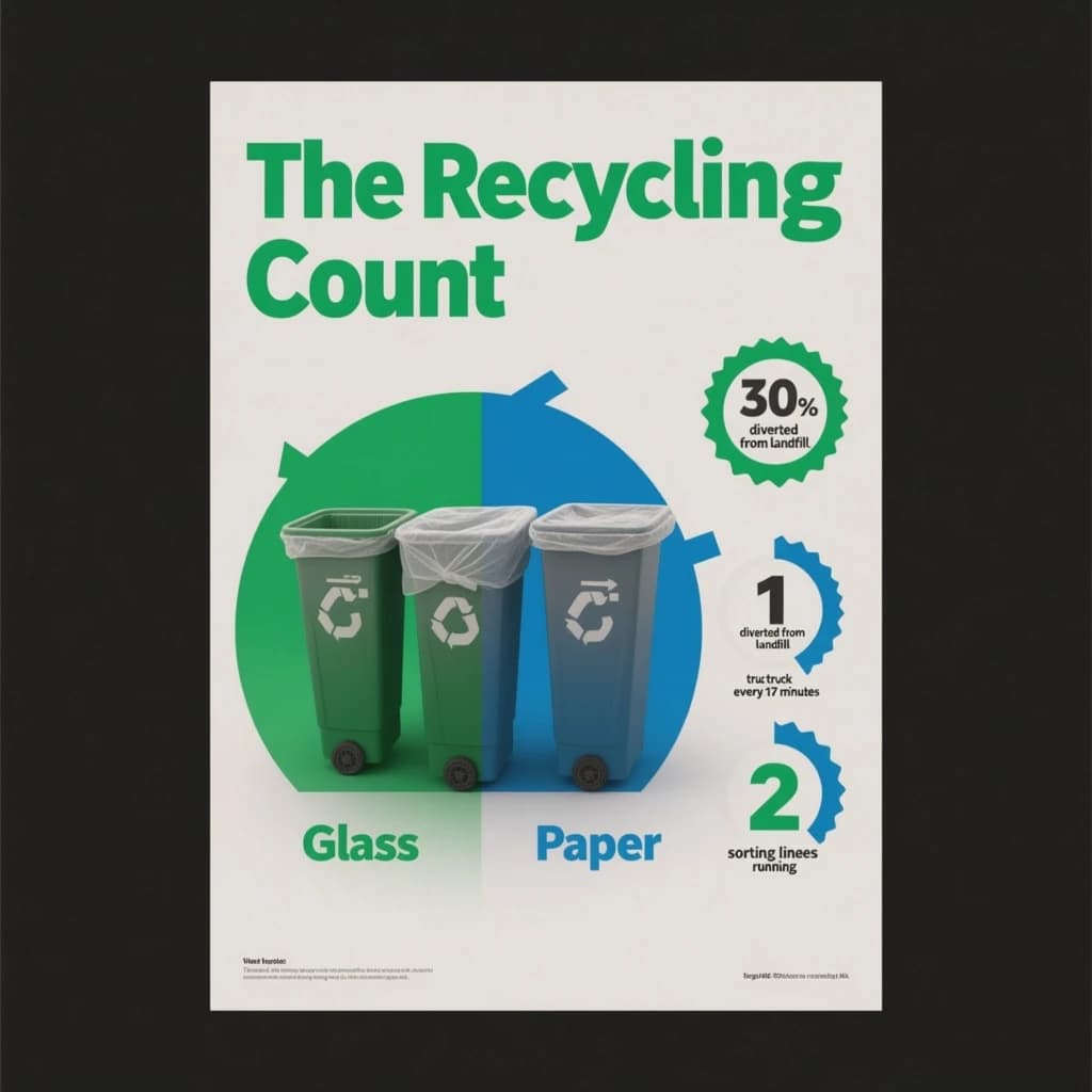 Printed poster titled "The Recycling Count". Three sorting bins with arrows to their destinations sits at the center, carrying two keyed regions, "Glass" shaded green and "Paper" shaded blue. Three stat chips run down a right column, reading "30% diverted from landfill", "1 truck every 17 minutes" and "2 sorting lines running". Each key color matches the shading of the region it names.