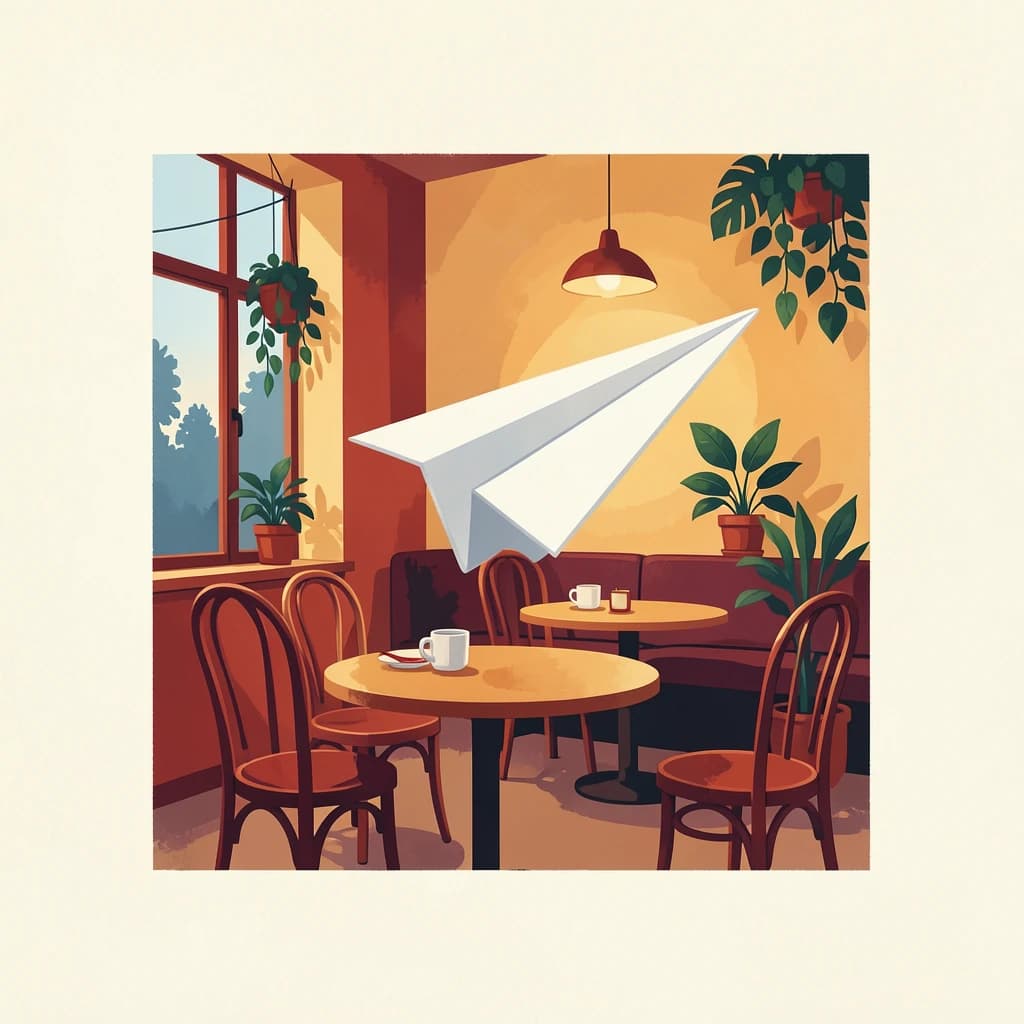 Silkscreen print of a paper airplane inside a cozy cafe, layered wash, smooth vector finish, split-complementary palette.