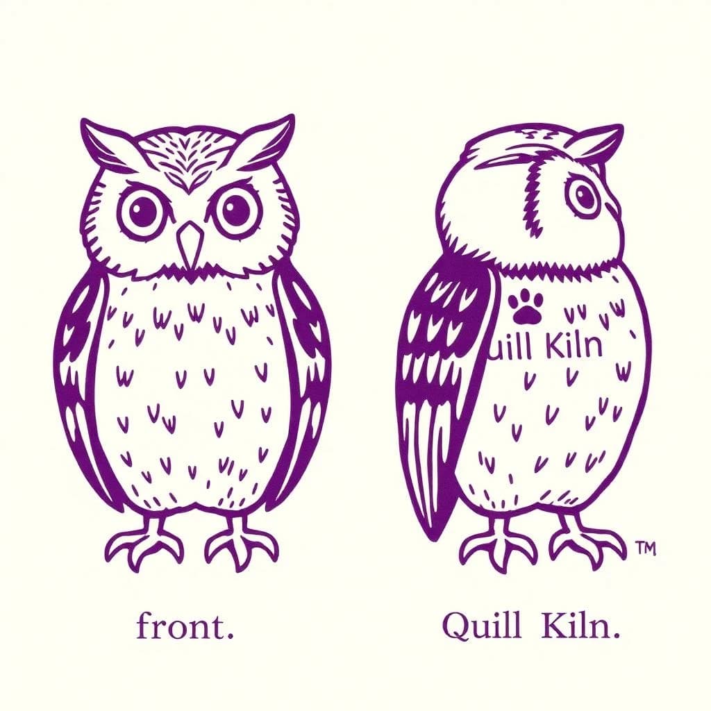 Linocut print: one bookstore owl mascot in two views. The views are captioned "front" and "side" in that order. The wordmark "Quill Kiln" appears on every view with a paw mark beside it. The purple-and-white coloring is the same across every view, and only the angle changes.