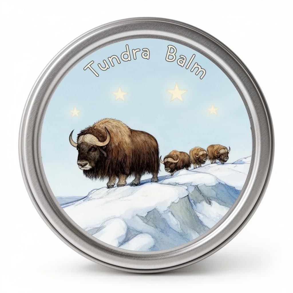 Children's illustration for a balm tin lid: a shaggy musk ox on a snowy ridge with three smaller ones following behind in a line, four pale stars in the sky above, and "Tundra Balm" curved along the top edge in rounded lettering.