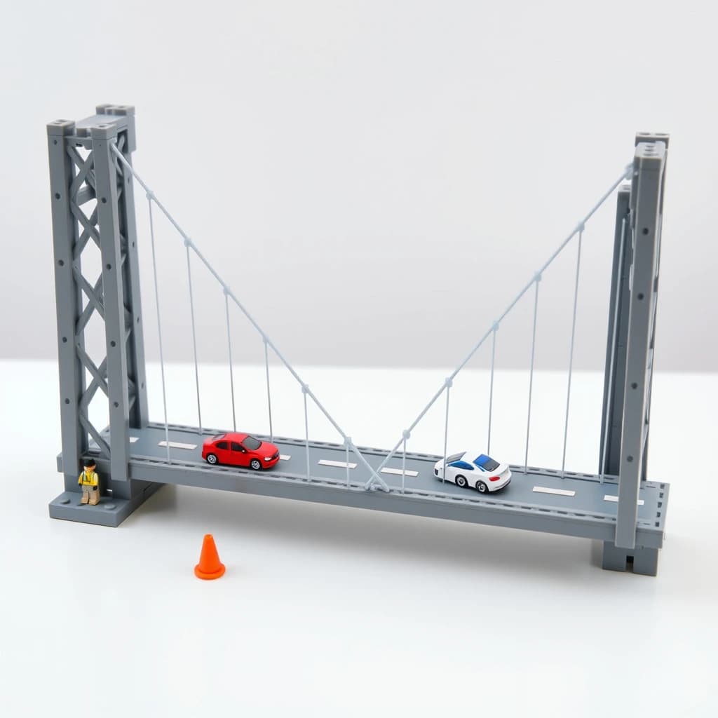Product photograph of a plastic brick model of a suspension bridge on a white table, shot from a low three-quarter angle. Two grey towers, each with three cross braces between its legs, carry cables that sweep down to the deck with eight vertical hangers per span. The deck is two lanes wide with four small cars on it: two red in the near lane, one blue and one white in the far lane. A single figure in a yellow vest stands at the left tower base beside two orange cones. Soft even light, crisp stud edges, no printed logos anywhere.