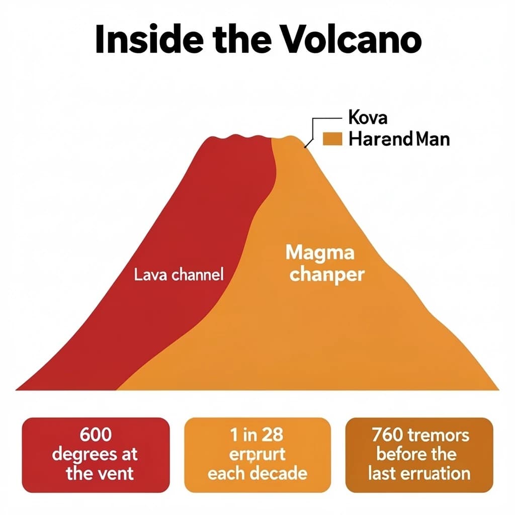 Flat infographic titled "Inside the Volcano". A simplified hazard map of the slopes sits at the center, carrying two keyed regions, "Lava channel" shaded red and "Magma chamber" shaded orange. Three stat chips run down a bottom row, reading "600 degrees at the vent", "1 in 28 erupt each decade" and "760 tremors before the last eruption". Each key color matches the shading of the region it names.