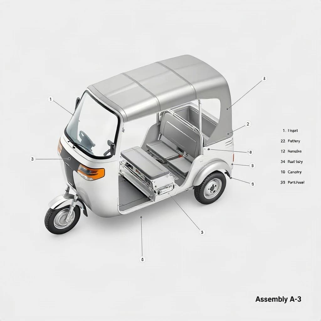 Exploded axonometric of an electric tuk-tuk, every part rendered in polished liquid chrome against a flat pale grey background, parts floating apart along thin leader lines. One front wheel below the fork, two rear wheels off the axle, two battery modules sliding out from under the bench seat with the left module taller than the right, four grab handles above the roof frame, one canopy panel on top. Numbered callouts one through seven with a parts list down the right edge and a title block reading "Assembly A-3".