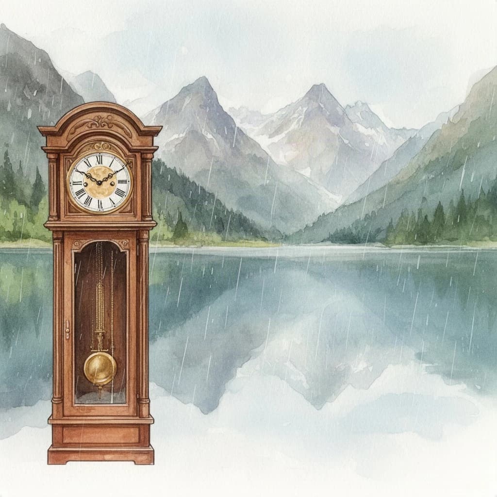 grandfather clock, mountain lake, light rain, overhead flat lay, watercolor, soft edges