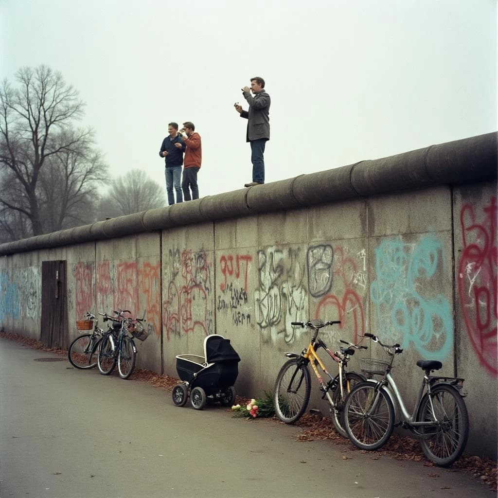 Shot on 1970s Kodachrome era color film, warm grain and slightly faded reds. A stretch of the Berlin Wall on a grey afternoon, covered in overlapping graffiti with one clean unpainted panel in the middle. Three people stand on a wooden viewing platform at the left, two of them looking over the top through binoculars while the third has turned back toward the camera with a cigarette. Four bicycles lean along the base of the wall, three upright and one fallen on its side. A pram is parked below the clean panel with a small bunch of tulips wedged into a crack above it. No cars in the frame.
