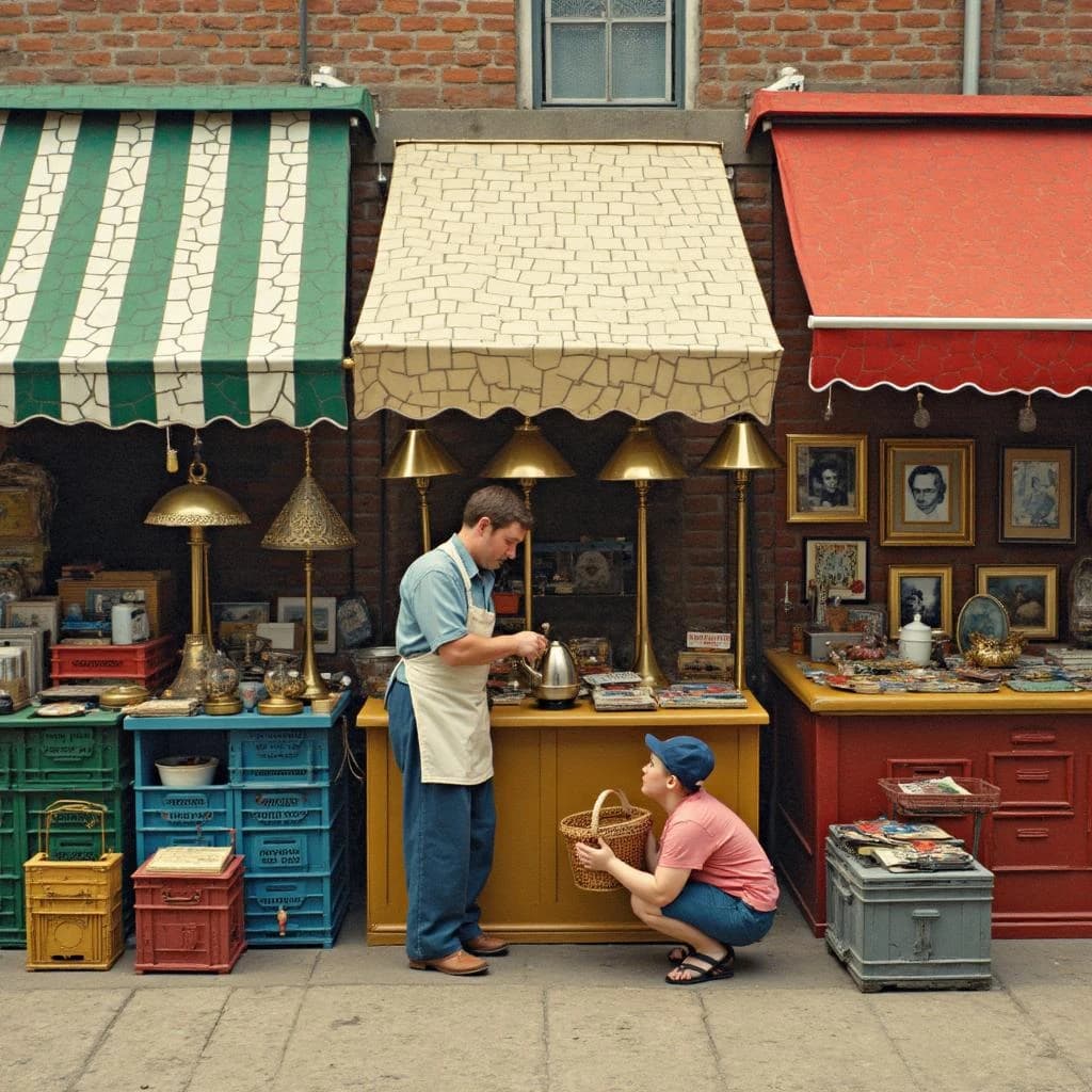 Glass tile mosaic of a Sunday flea market seen from a slightly raised angle, small square tesserae and warm terracotta grout. Three stall awnings in a row: the left one striped green and white over stacked vinyl crates, the middle plain canvas over six brass lamps with only the two tallest wearing shades, the right red awning hung with nine framed pictures in three rows of three. Under the middle awning a vendor in an apron hands a teapot across the table to a woman holding a straw basket, while a boy crouches at her feet by a crate of records. No lettering anywhere.