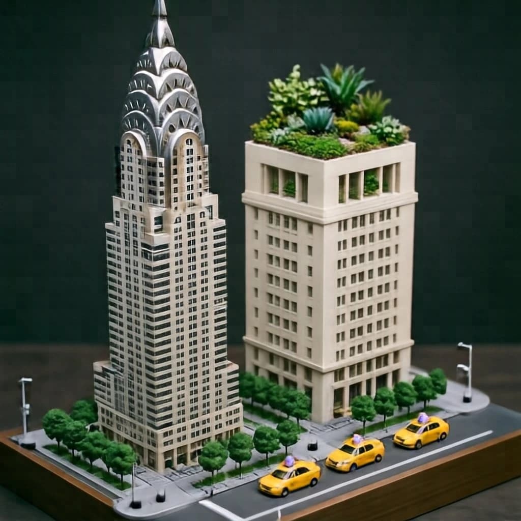 Tilt shift photograph of a hand built architectural scale model of a Midtown Manhattan block, studio lit from the upper left.
The Chrysler Building stands on the corner in polished silver card with its stepped crown and triangular windows. Directly across the street sits a proposed cream limestone tower, two floors shorter, topped by a stepped roof garden. Between them four smaller grey massing blocks in plain foam. Six tiny yellow cabs on the avenue, three stopped at the crossing and three queued behind, with a line of green model trees down the median.