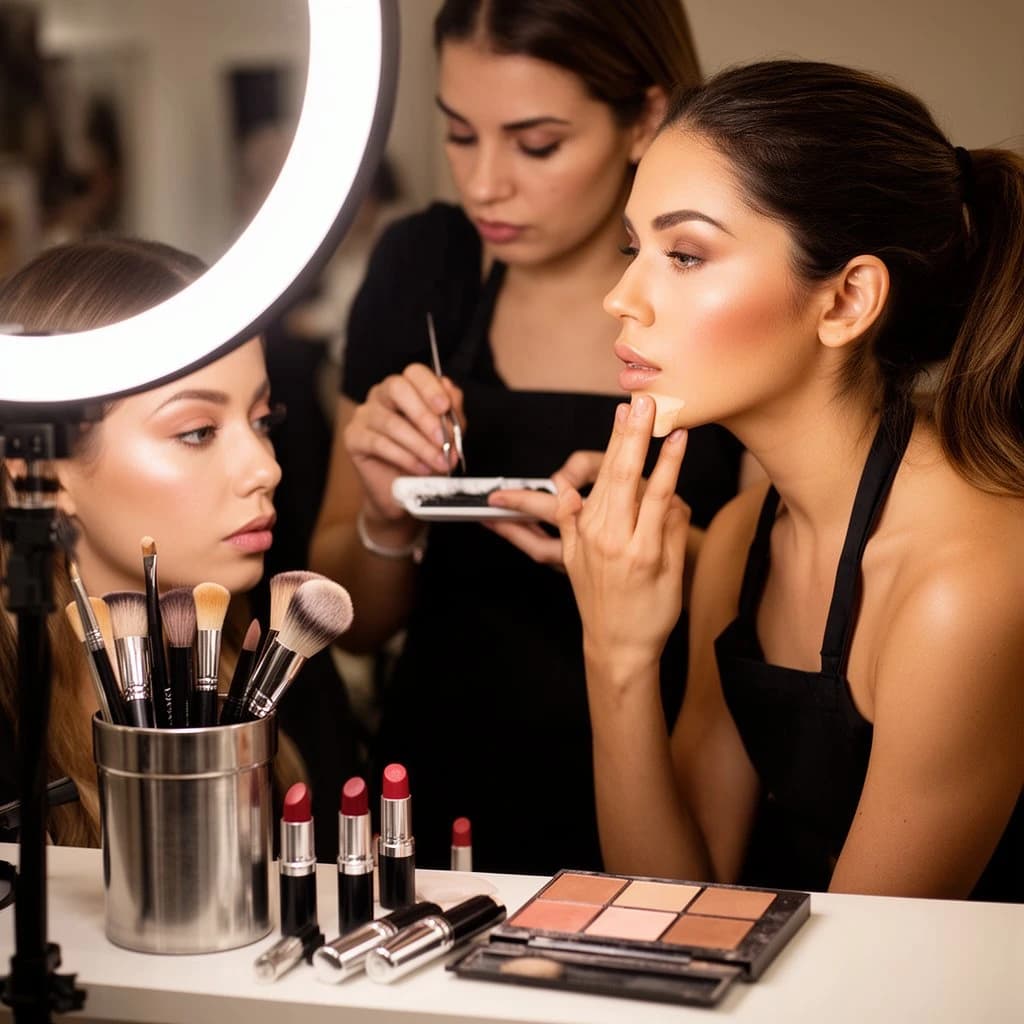 Fashion photograph at a backstage vanity lit by a ring light. A makeup artist in a black apron leans in from the right and blends cream blush into a seated model's cheekbone with her fingers, while a second artist standing behind them holds a lash tray in one hand and tweezers in the other, mid pick. On the counter between them: six brushes standing bristle up in a metal cup, three lipstick bullets lying in a row with their caps off beside them, and one open palette showing two used shades and four untouched. Warm skin tones, glossy highlights, shallow depth of field.