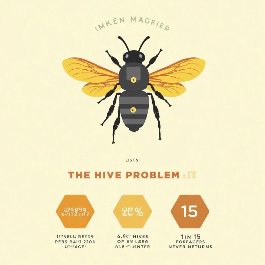Flat vector illustration titled "The Hive Problem". A labeled bee diagram sits at the center, carrying two keyed regions, "Pollen basket" shaded amber and "Wing pair" shaded slate. Three stat chips run down a bottom row, reading "1,900 eggs a day at peak", "14% of hives lost last winter" and "1 in 15 foragers never returns". Each key color matches the shading of the region it names.