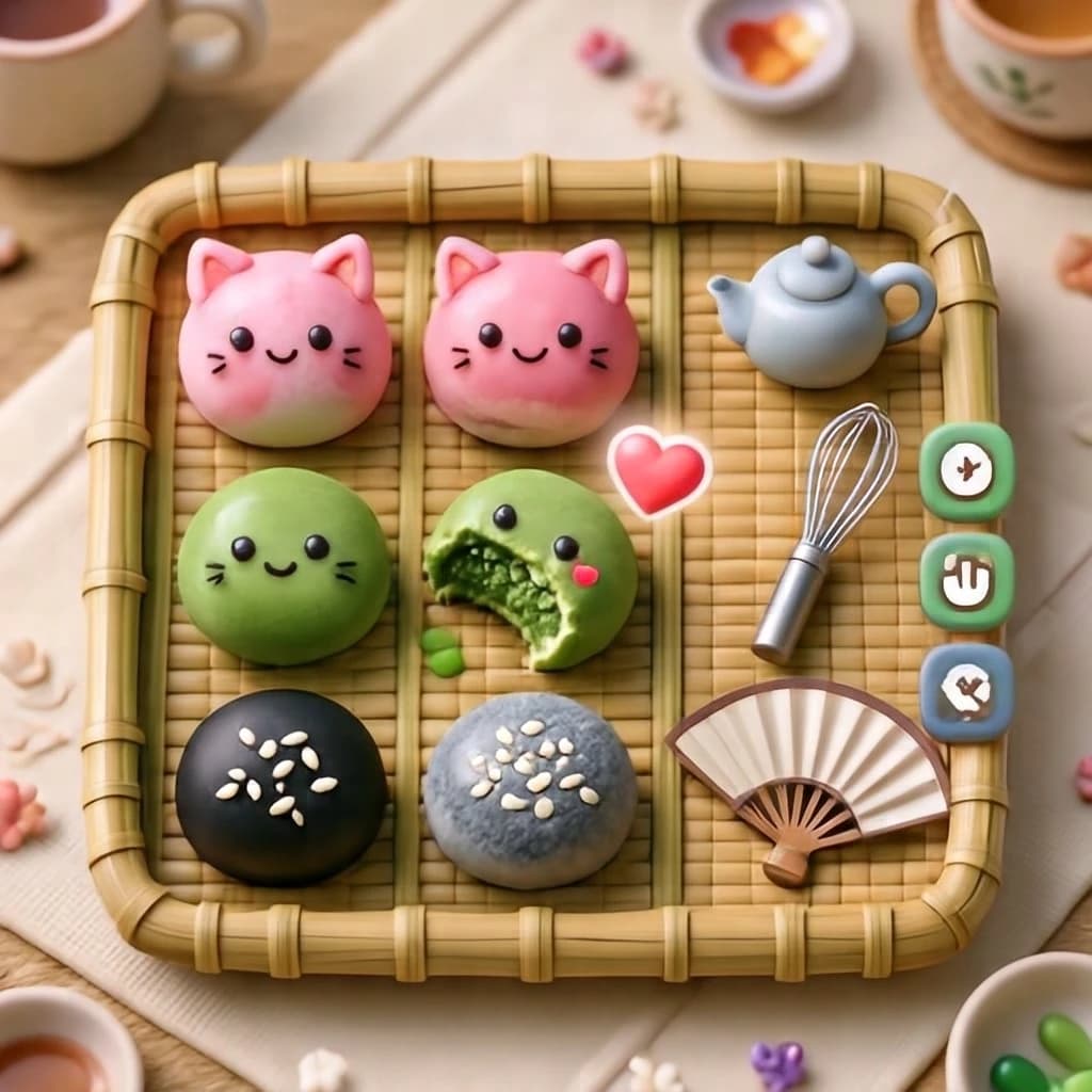 Match three board for a cozy sweets game, cute stylized 3D animation look. Nine mochi in a three by three grid on a bamboo tray: the top row strawberry pink, the middle row matcha green, the bottom row black sesame grey. The center green one has a bite taken out and a small heart icon floating above it. Two of the pink mochi wear tiny cat ears. To the right of the tray, a vertical strip of three power up icons, a whisk, a teapot and a fan. Soft pastel lighting, glossy dusted surfaces.