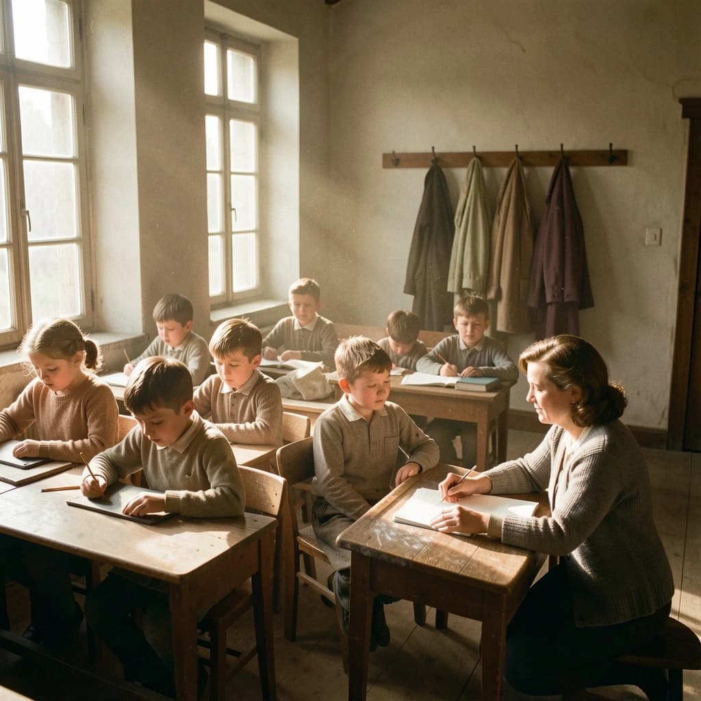 Documentary photograph inside a 1961 rural schoolhouse, late afternoon sun through tall windows. Twelve pupils at six shared wooden desks, two to a desk: the four in the window row copy from slates, the four in the middle row have open exercise books, the four along the back wall are turned around watching. The teacher, a woman in a grey cardigan with chalk dust on her sleeve, kneels beside the desk nearest the door, one hand steadying a boy's pencil. Four wall hooks behind her hold three coats, the middle hook bare. Warm dust in the light, fine grain, nobody posing.