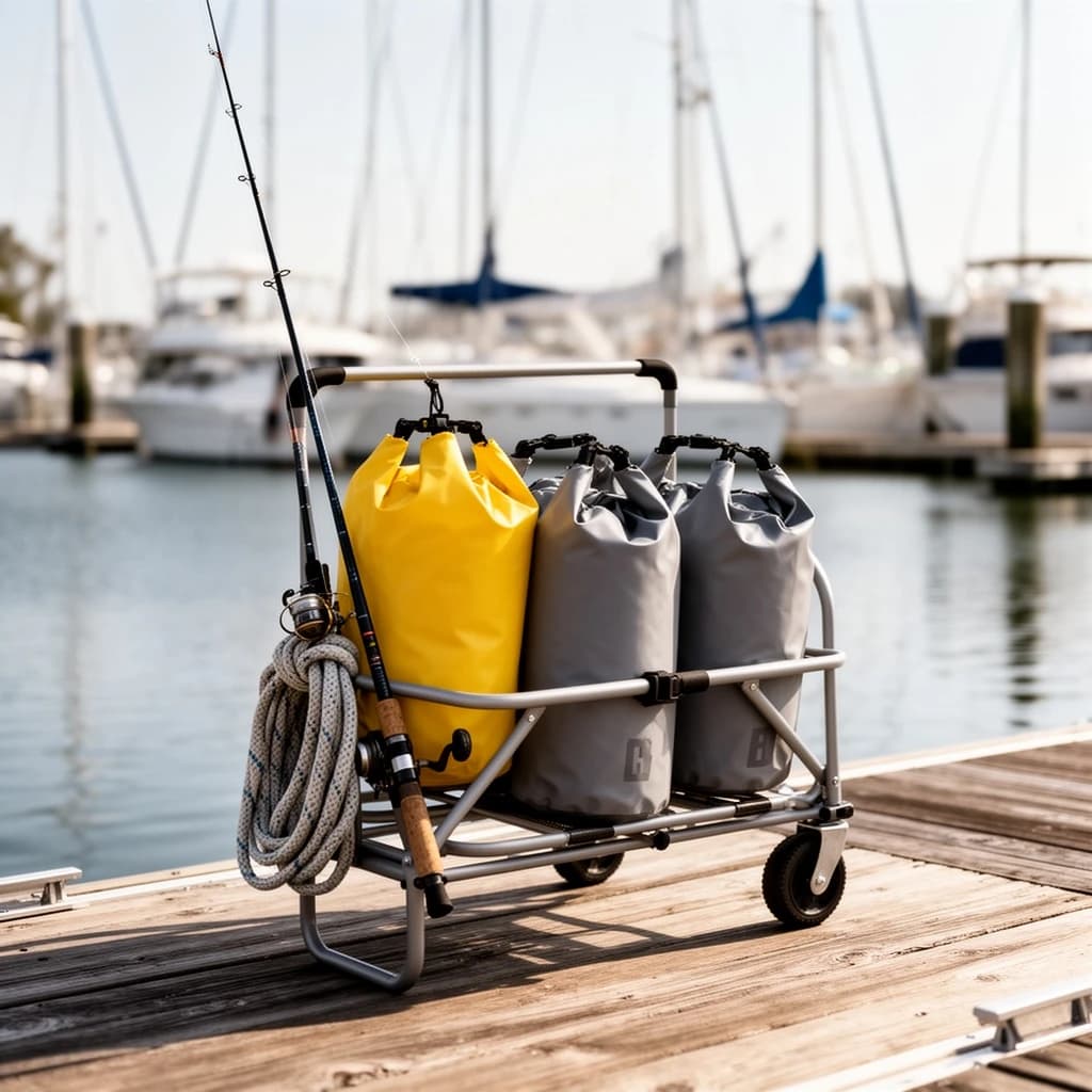 Lifestyle listing photo on a marina dock: a folding dock cart holding three dry bags, the largest yellow and the two smaller ones grey, two fishing rods leaning against the handle, and one coiled dock line hanging from the front rail. Masts blurred behind.