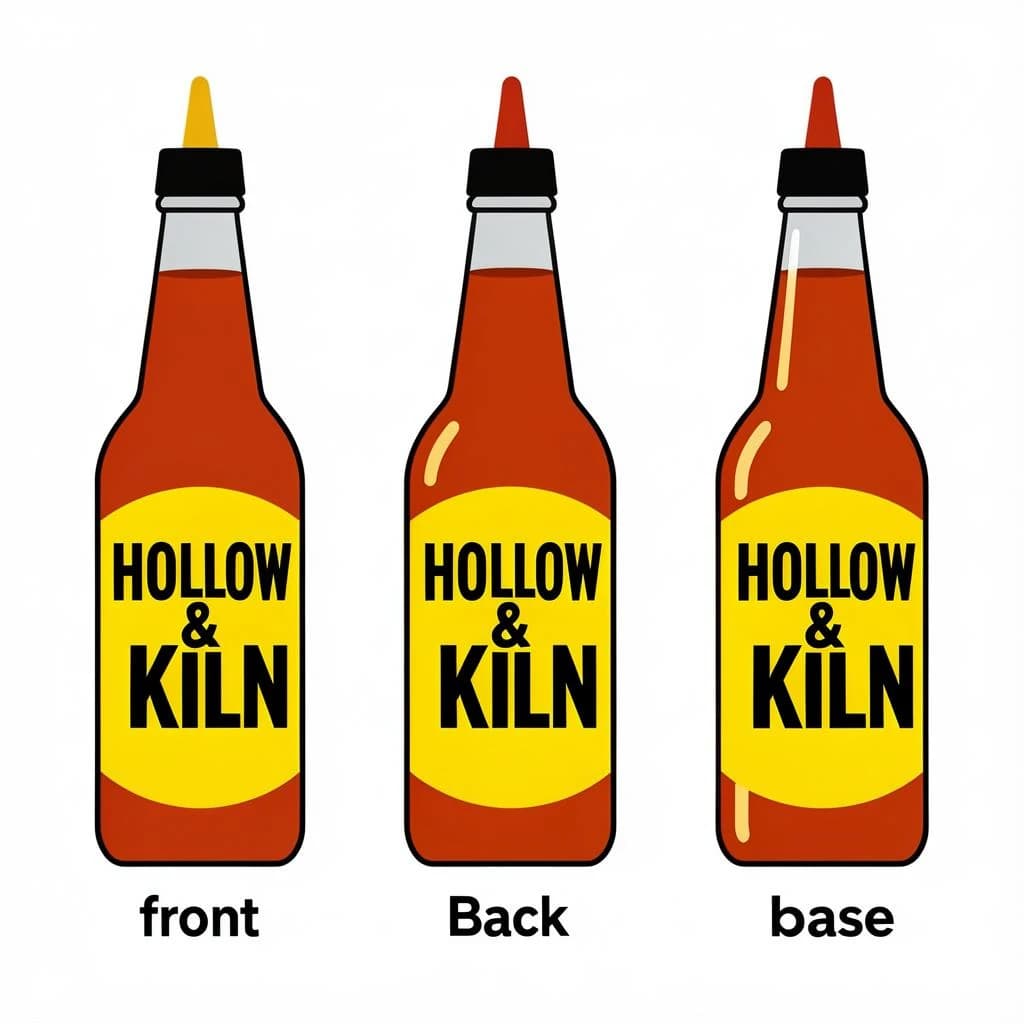 Flat vector illustration of the same hot-sauce bottle drawn in three views, captioned "front", "back" and "base", every view carrying the wordmark "Hollow & Kiln" in the same black-and-yellow coloring, only the angle changing.