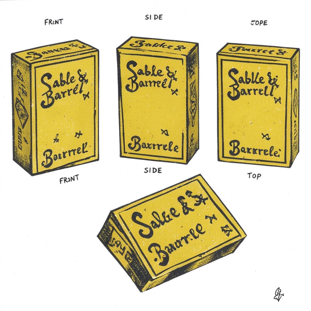 Linocut print: one board-game box in three views. The views are captioned "front", "side" and "top" in that order. The wordmark "Sable & Barrel" appears on every view with a small anchor mark beside it. The mustard-and-charcoal coloring is the same across every view, and only the angle changes.