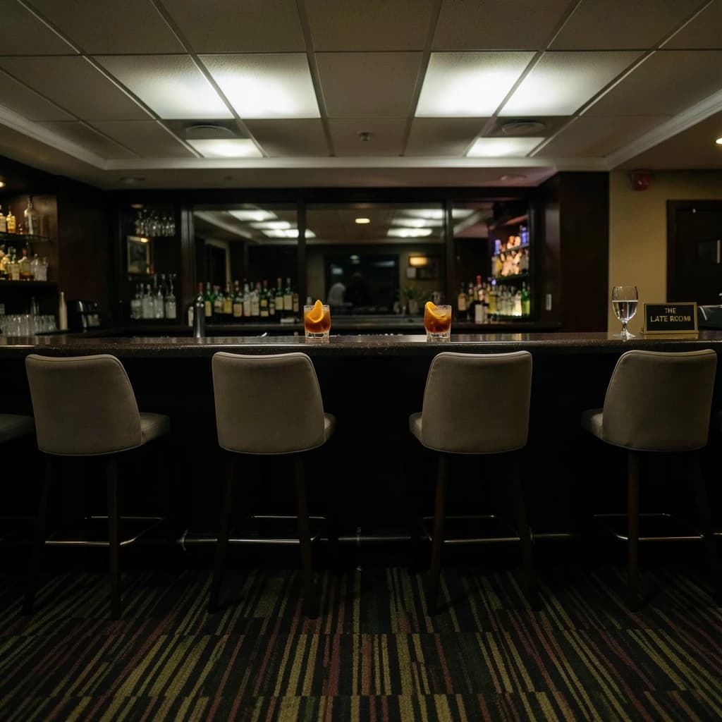Liminal space photograph of a hotel bar at four in the morning, humming fluorescent ceiling panels, patterned carpet running off frame, nobody in sight. Eleven identical barstools stand in one unbroken row along the counter, only the fifth pulled out and turned. Three finished old fashioneds sit spaced along the bar, each down to melted ice and a single orange peel, and a fourth glass, freshly poured and still clear, waits at the far end beside a small brass sign reading "THE LATE ROOM".