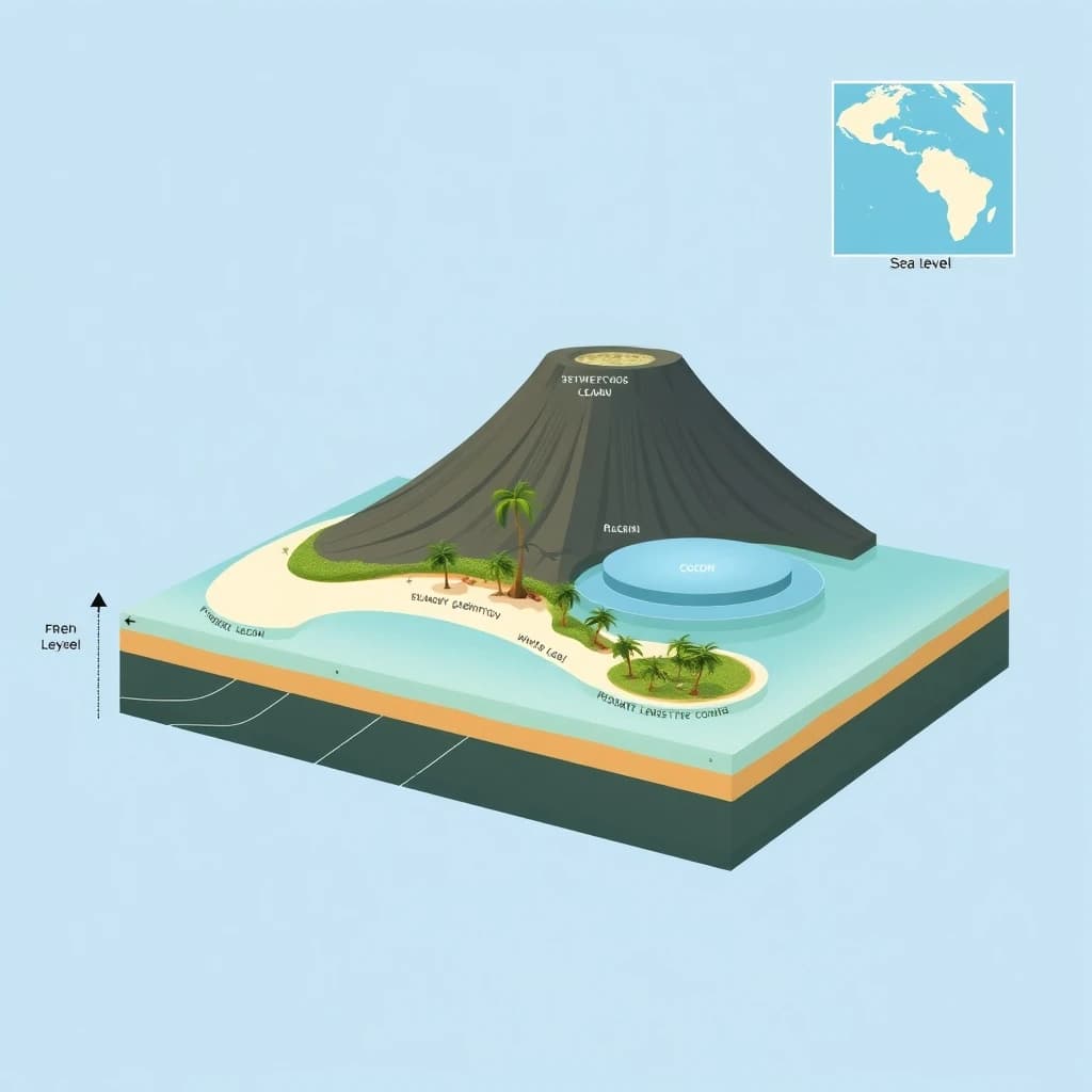 Cross section of a volcanic tropical island as a flat academic figure with clean colour blocks and a horizontal sea level line. Reading from the ocean on the left toward the right: a fringing reef crest, a shallow lagoon holding three coral heads, a white sand beach, a coconut palm belt of five trees, then a rising basalt cone with two lava layers picked out in darker grey, and a freshwater lens drawn as a pale blue dome under the middle of the island. Below sea level the flanks drop in three stepped terraces to a flat deep floor. Eight leader line labels, a depth scale down the left edge, and a small locator inset in the top right.