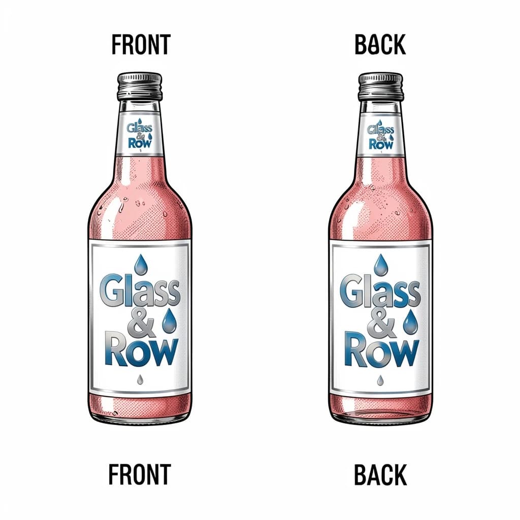 Printed poster of the same hot-sauce bottle drawn in two views, captioned "front" and "back", every view carrying the wordmark "Glass & Row" with a single droplet symbol beside it in the same blue-and-silver coloring, only the angle changing.