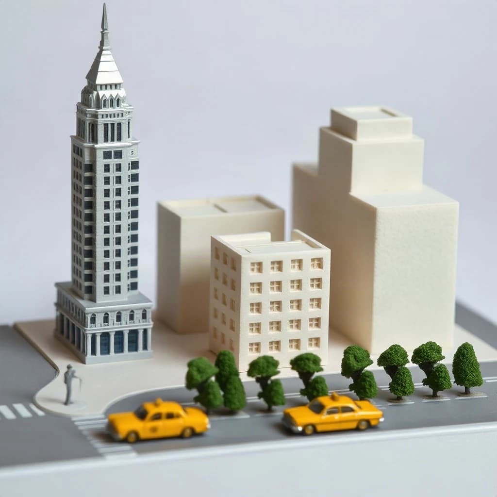 Tilt shift photograph of a hand built architectural scale model of a Midtown Manhattan block, studio lit from the upper left.
The Chrysler Building stands on the corner in polished silver card with its stepped crown and triangular windows. Directly across the street sits a proposed cream limestone tower, two floors shorter, topped by a stepped roof garden. Between them four smaller grey massing blocks in plain foam. Six tiny yellow cabs on the avenue, three stopped at the crossing and three queued behind, with a line of green model trees down the median.