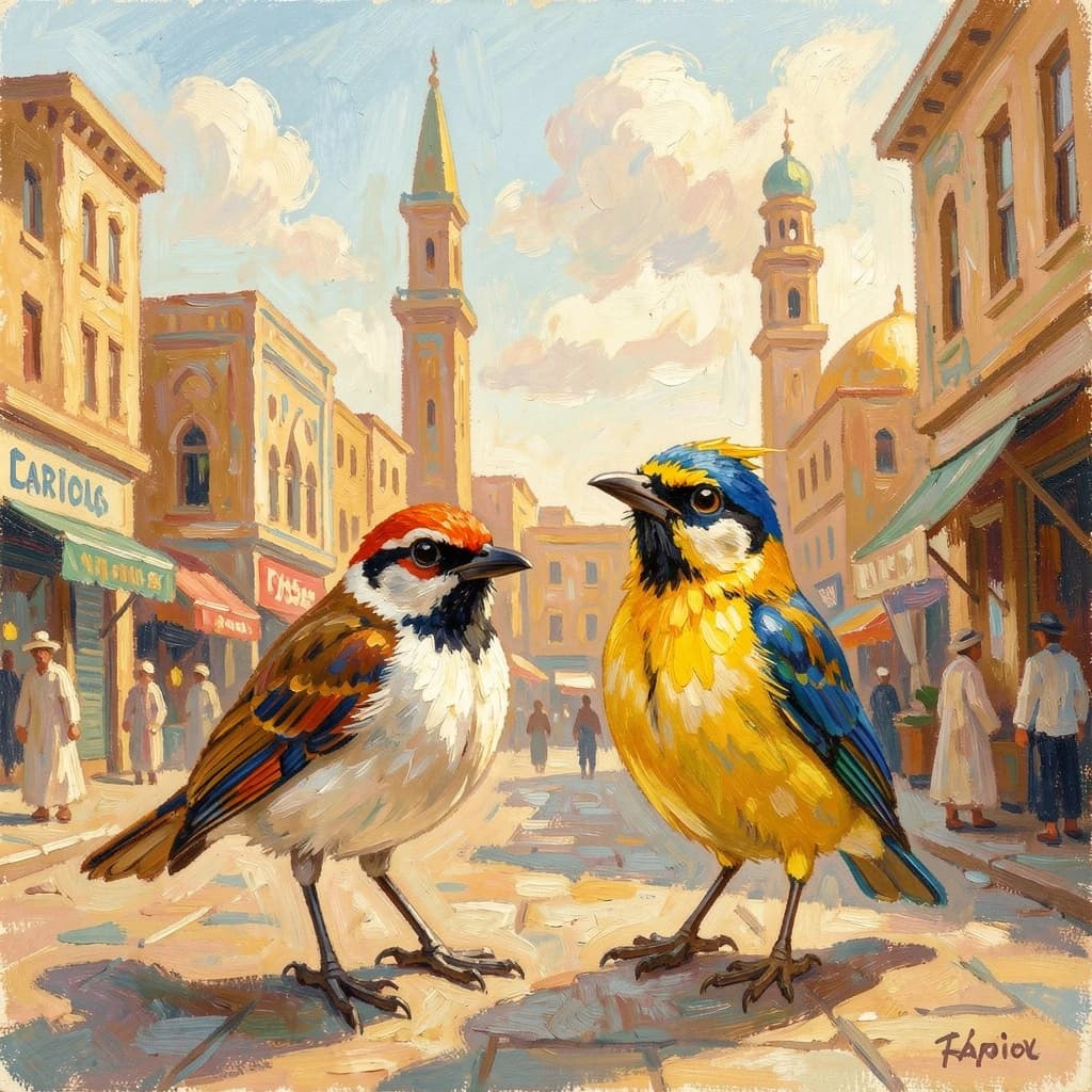 Scrub-Bird and Yellowtail in Cairo, Egypt in the style of impressionist