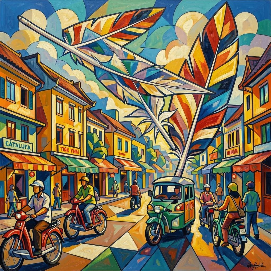 Flight Feather and Catalufa in Hanoi, Vietnam in the style of cubist