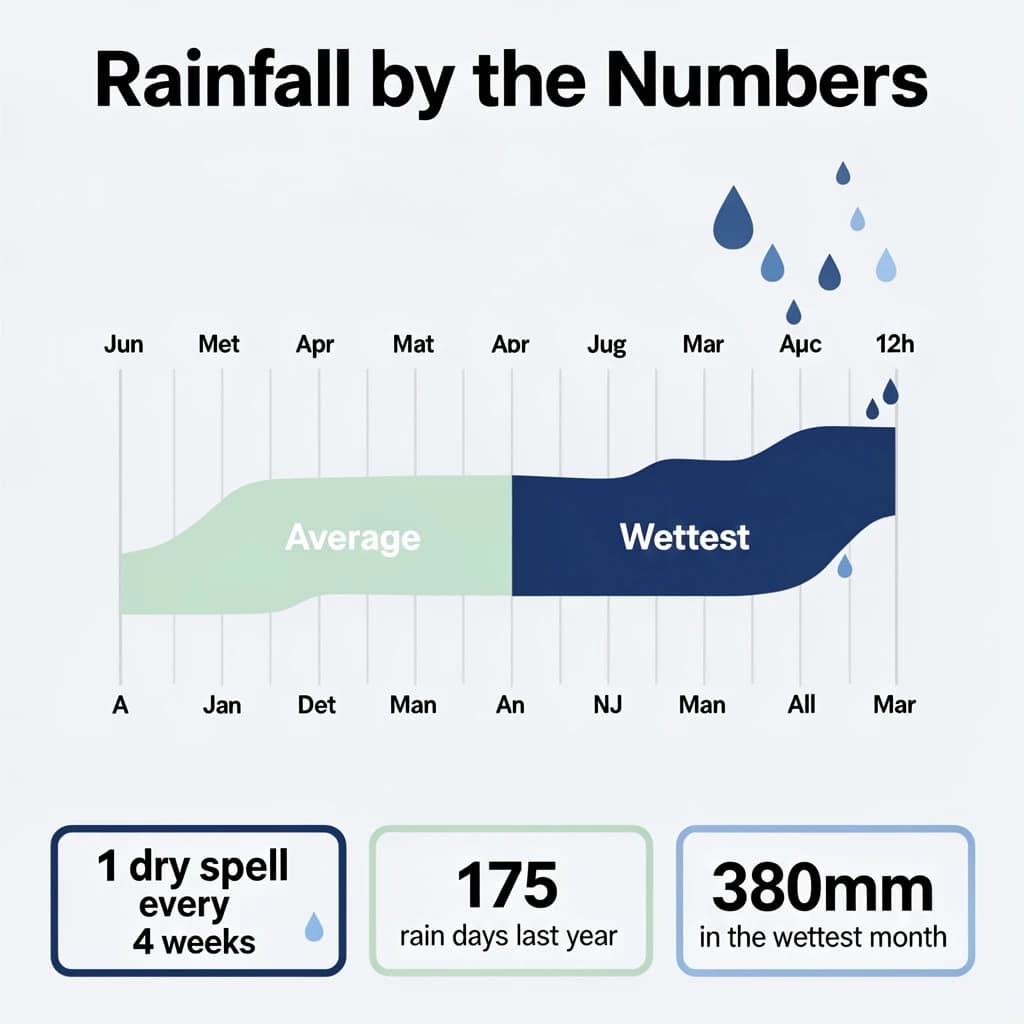 Flat infographic titled "Rainfall by the Numbers": at the center a twelve-month rainfall timeline, carrying two keyed regions, "Average" shaded pale green and "Wettest" shaded dark blue, beside a bottom row of three stat chips reading "1 dry spell every 4 weeks", "175 rain days last year" and "380mm in the wettest month".