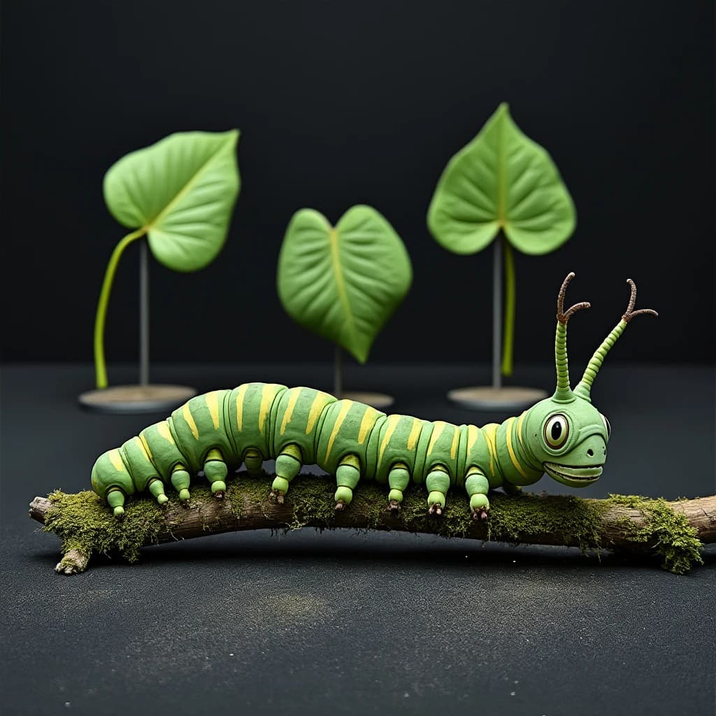 Macro photography of a practical effects test on a soundstage floor. A metre-long animatronic caterpillar puppet, dull green with a cream stripe, arched over a moss-covered branch: eight pairs of stubby legs, the front three pairs gripping the branch, the rest hanging free. Two thin black rods run out of frame to the right where a puppeteer's hands are just visible, and a third rod supports the head, which is turned toward camera with its mandibles open. Behind it, three sprayed foam leaves on stands, the middle one already chewed through. Hard key from above, black felt background, dust in the air.