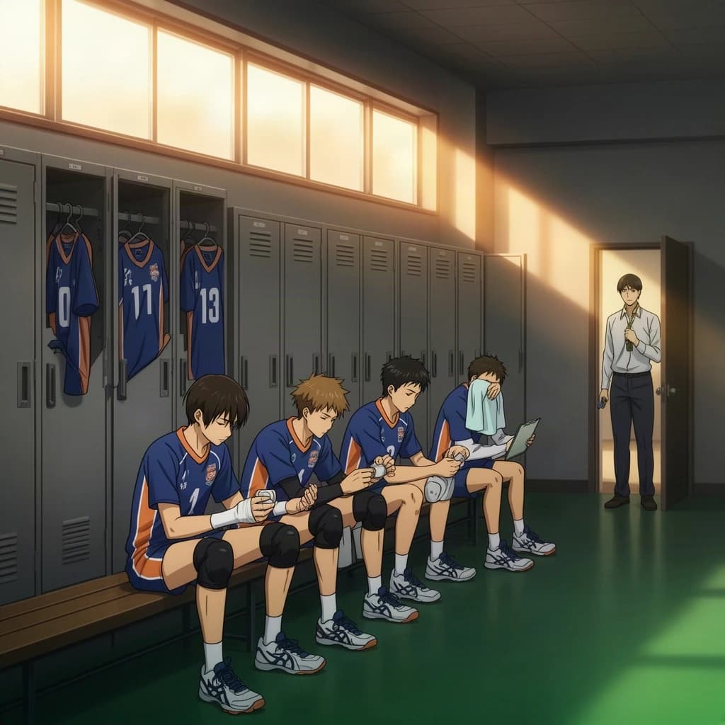 Modern anime interior for a high school volleyball series, wide view down a team locker room after practice. Eight lockers along the back wall in two banks of four, the three on the far left hanging open with jerseys spilling out and the rest shut. Four players occupy the foreground bench: the setter re-taping two fingers, the libero pulling on a knee sleeve, the captain reading a clipboard, and a first year asleep sitting upright with a towel over his face. A coach stands in the right doorway holding a whistle, half in shadow. Warm late-sun bars fall through high frosted windows, cel shading, clean bold linework.