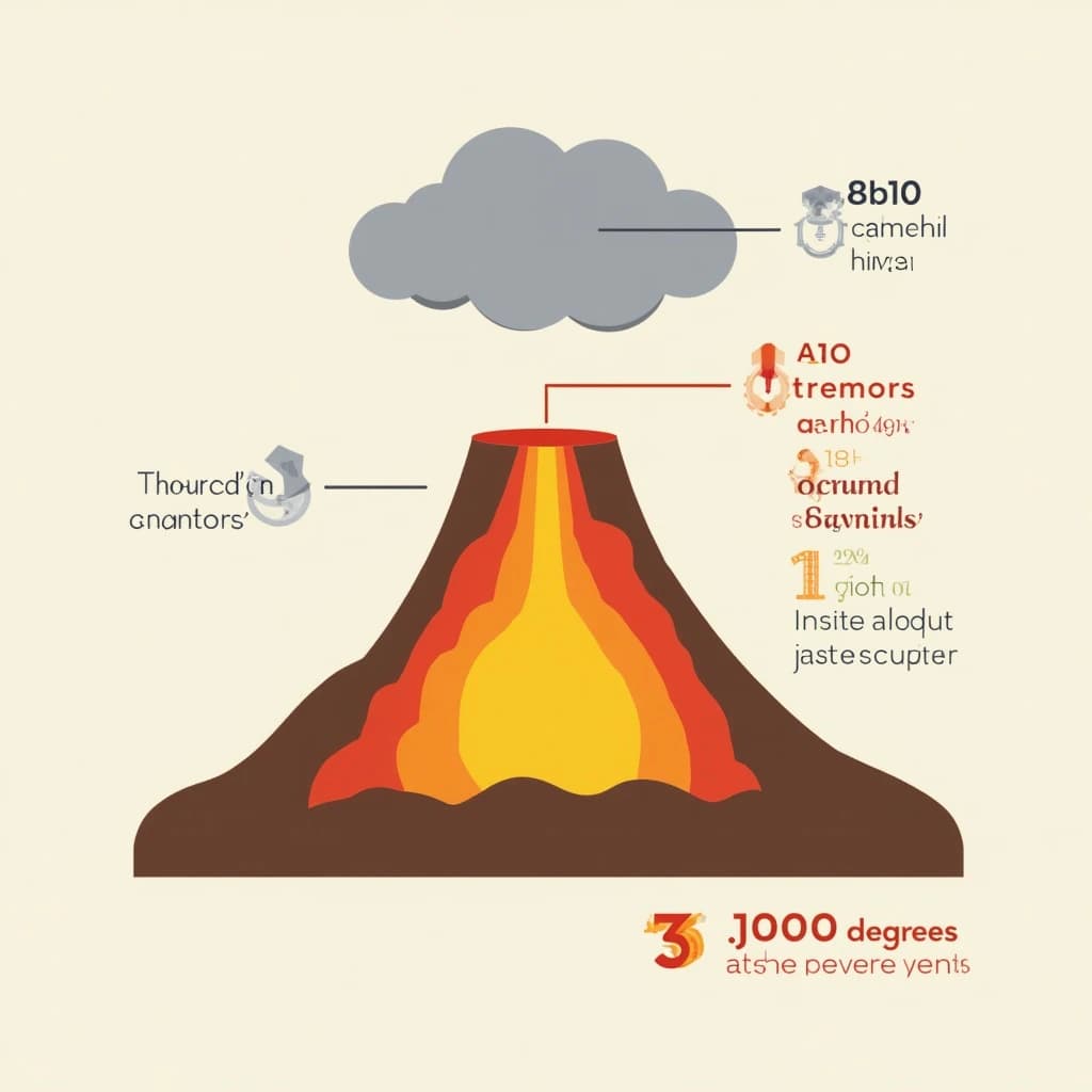 Flat vector illustration titled "The Eruption Report". A cutaway cone sits at the center, carrying three keyed regions, "Lava channel" shaded red, "Ash cloud" shaded gray and "Magma chamber" shaded orange. Three stat chips run down a right column, reading "810 tremors before the last eruption", "1 in 23 erupt each decade" and "1,000 degrees at the vent". Each key color matches the shading of the region it names.