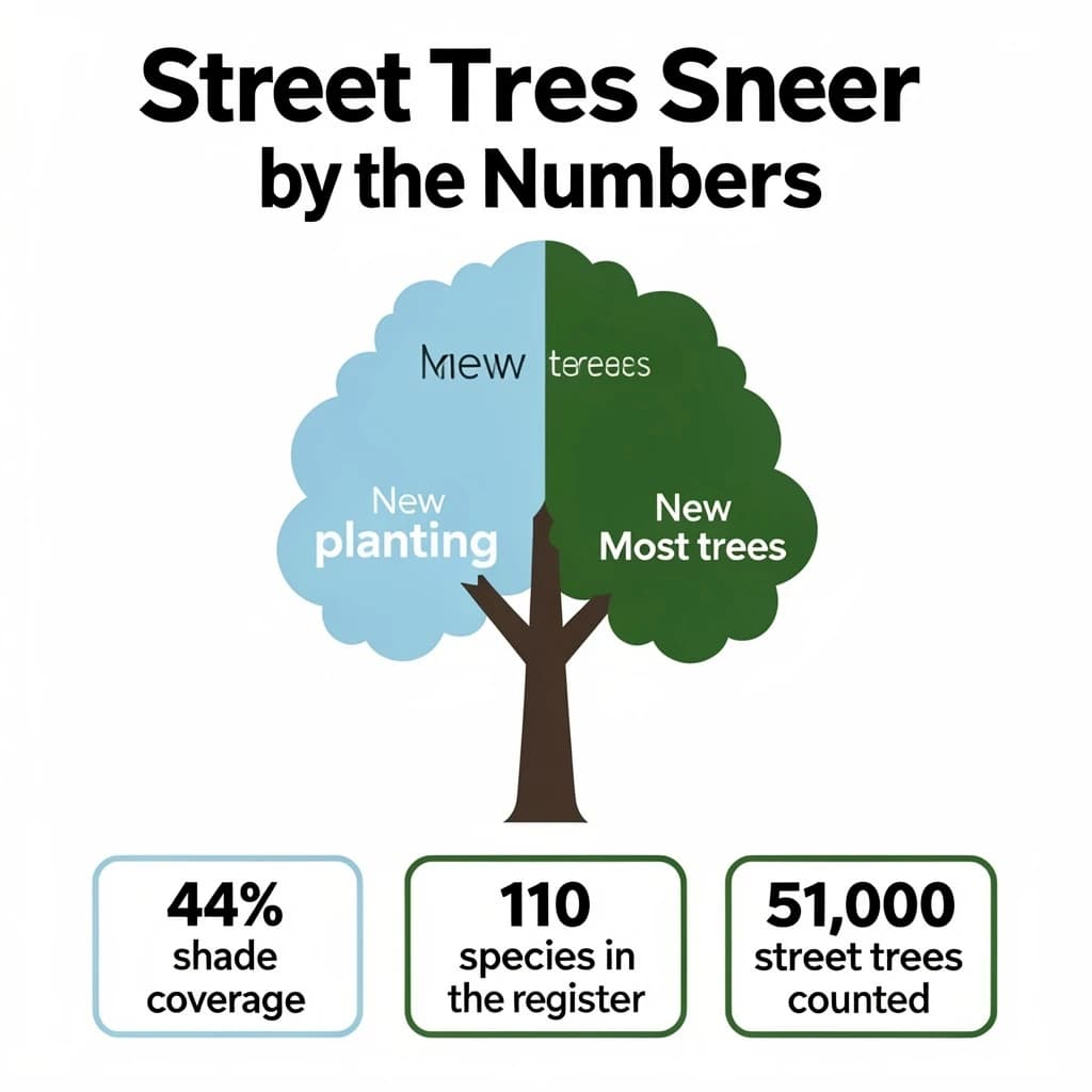 Flat infographic titled "Street Trees by the Numbers": at the center a labeled street-tree diagram, carrying two keyed regions, "New planting" shaded light blue and "Most trees" shaded dark green, beside a bottom row of three stat chips reading "44% shade coverage", "110 species in the register" and "51,000 street trees counted".