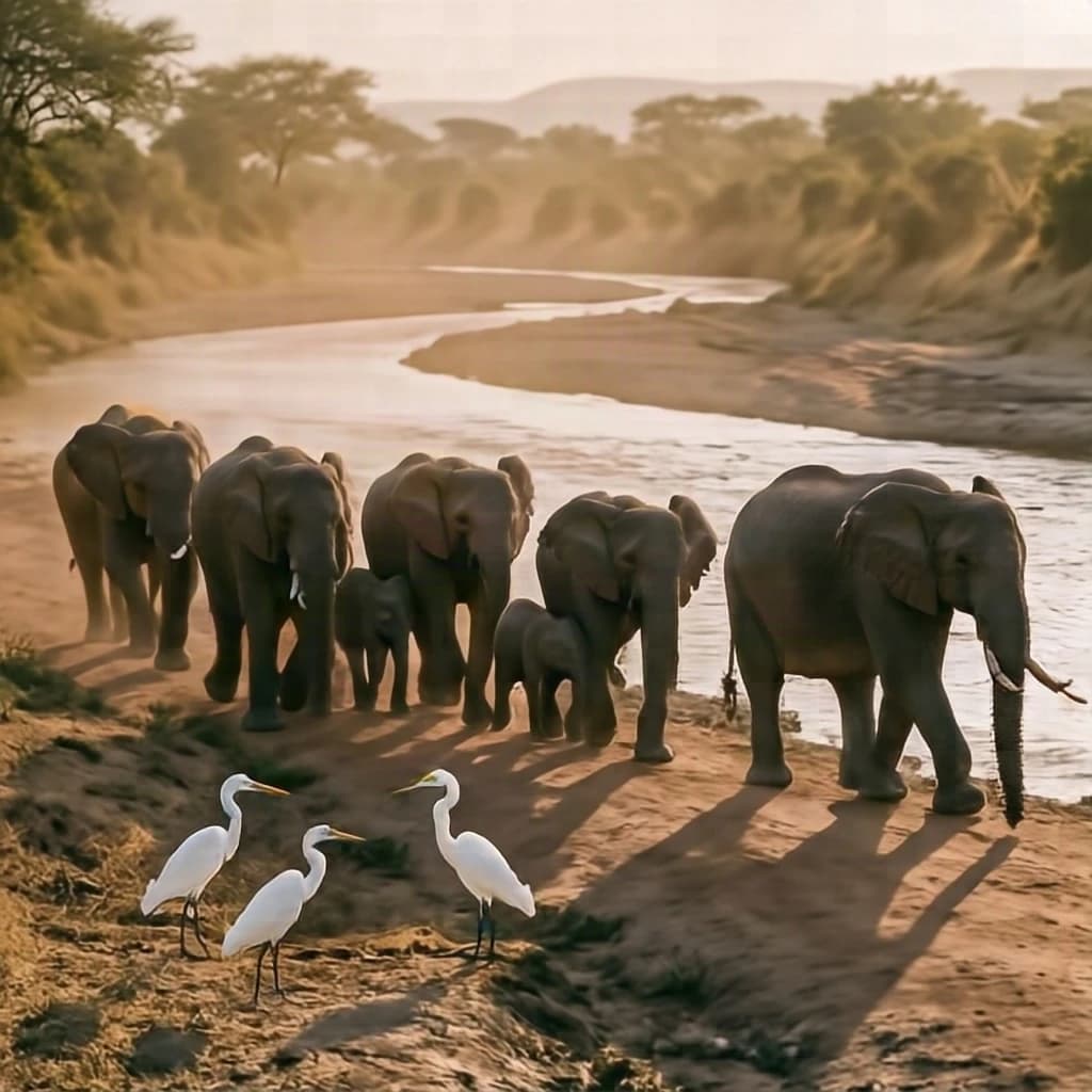 Wildlife photograph for a conservation campaign: a herd crossing a dusty riverbed in low sun. Seven elephants walking left to right, three adults flanking on the outside and two calves tucked between them, one adult trailing at the rear with a broken tusk, and the lead matriarch already up the far bank. Four egrets on the ground, only two of them near the calves. Long shadows, dust haze, nothing written in frame.