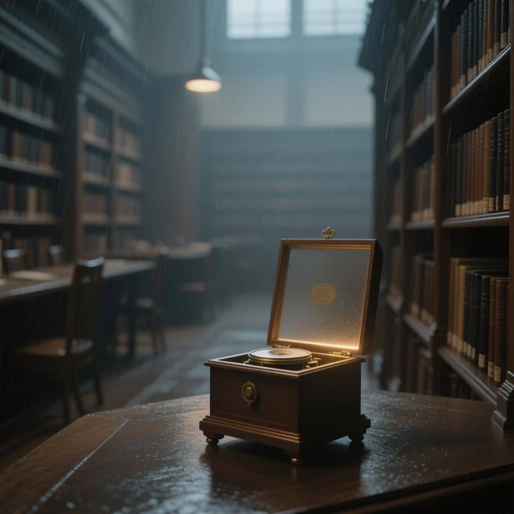 The quiet second when a music box takes on a thin rim of warm light, in a quiet library, in light rain.