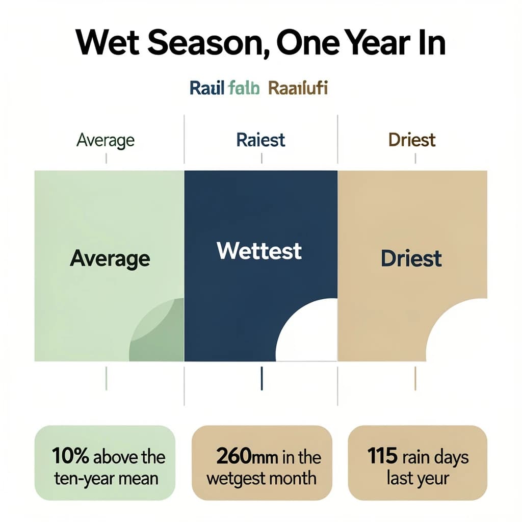 Flat vector illustration titled "Wet Season, One Year In". A twelve-month rainfall timeline sits at the center, carrying three keyed regions, "Average" shaded pale green, "Wettest" shaded dark blue and "Driest" shaded sand. Three stat chips run down a bottom row, reading "10% above the ten-year mean", "260mm in the wettest month" and "115 rain days last year". Each key color matches the shading of the region it names.