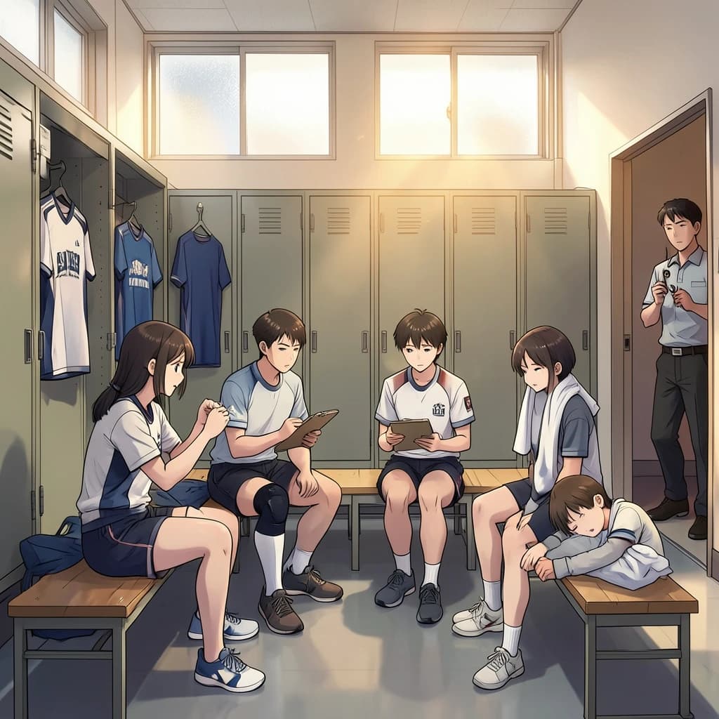 Modern anime interior for a high school volleyball series, wide view down a team locker room after practice. Eight lockers along the back wall in two banks of four, the three on the far left hanging open with jerseys spilling out and the rest shut. Four players occupy the foreground bench: the setter re-taping two fingers, the libero pulling on a knee sleeve, the captain reading a clipboard, and a first year asleep sitting upright with a towel over his face. A coach stands in the right doorway holding a whistle, half in shadow. Warm late-sun bars fall through high frosted windows, cel shading, clean bold linework.