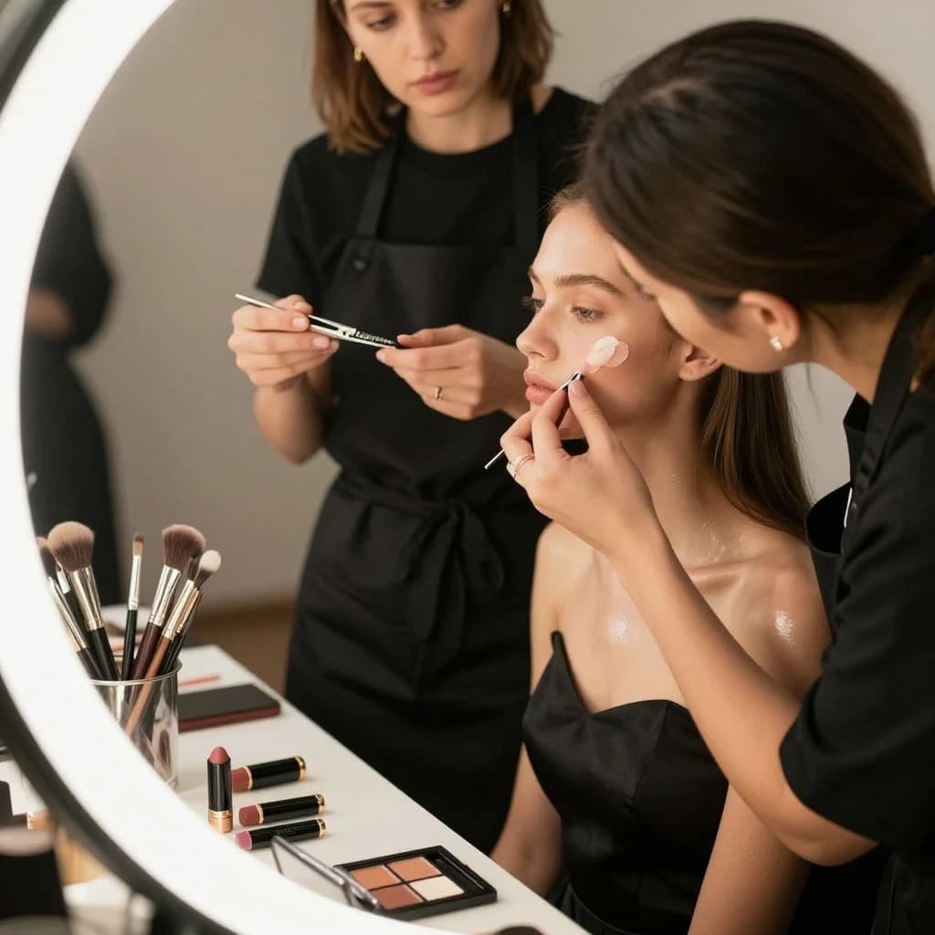 Fashion photograph at a backstage vanity lit by a ring light. A makeup artist in a black apron leans in from the right and blends cream blush into a seated model's cheekbone with her fingers, while a second artist standing behind them holds a lash tray in one hand and tweezers in the other, mid pick. On the counter between them: six brushes standing bristle up in a metal cup, three lipstick bullets lying in a row with their caps off beside them, and one open palette showing two used shades and four untouched. Warm skin tones, glossy highlights, shallow depth of field.