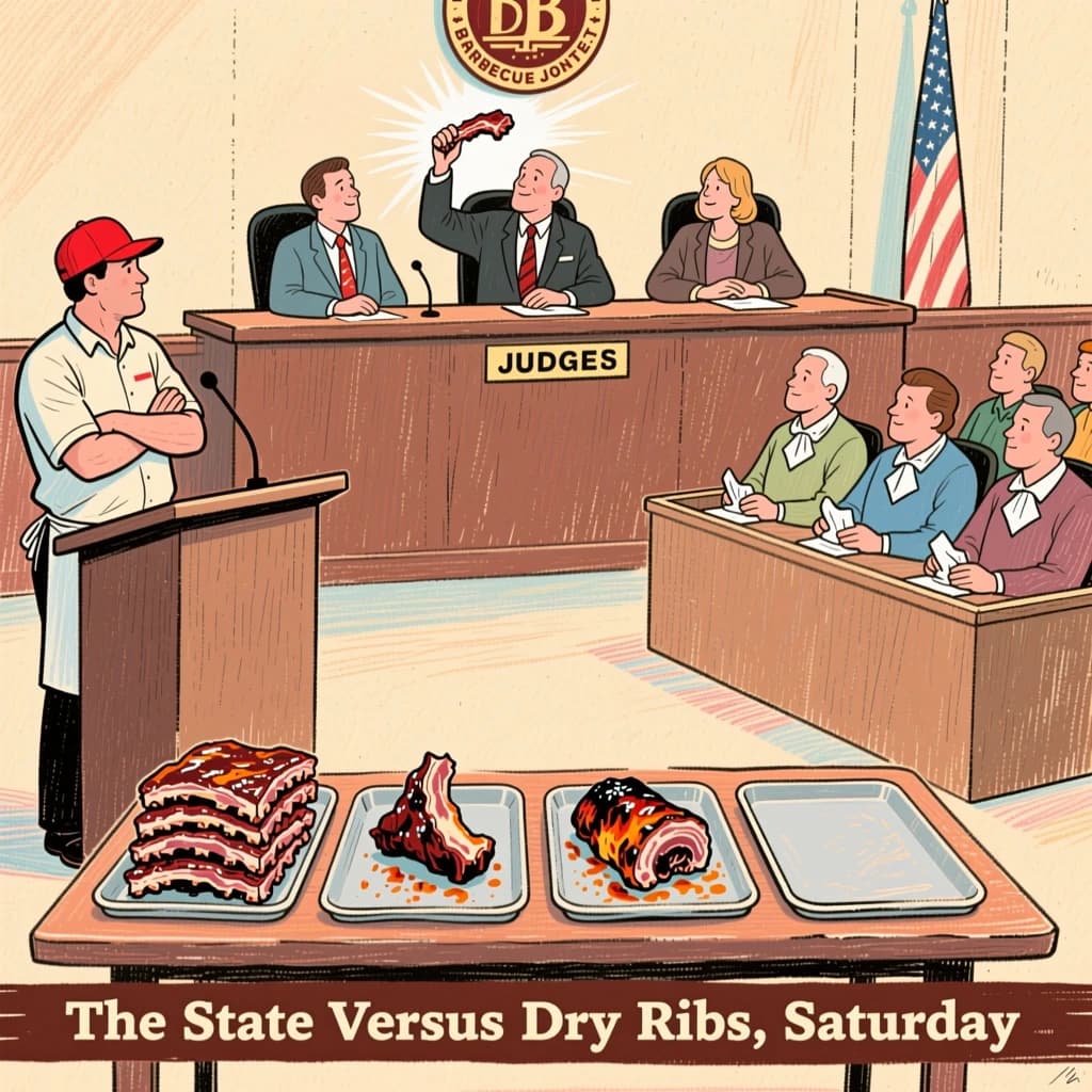 Courtroom sketch poster in colored pencil on toned paper for a barbecue joint's rib contest. The judges' bench sits at top center with three judges behind it, the middle one holding a rib up to the light while the other two turn toward each other. On the evidence table below stand four trays: two stacked with ribs, one holding a single burnt end, one empty. A pitmaster in a red cap stands at the podium on the left with his arms crossed. Six jurors fill the box on the right, five with napkins tucked into their collars and one without. Caption bar at the bottom reads "The State Versus Dry Ribs, Saturday".
