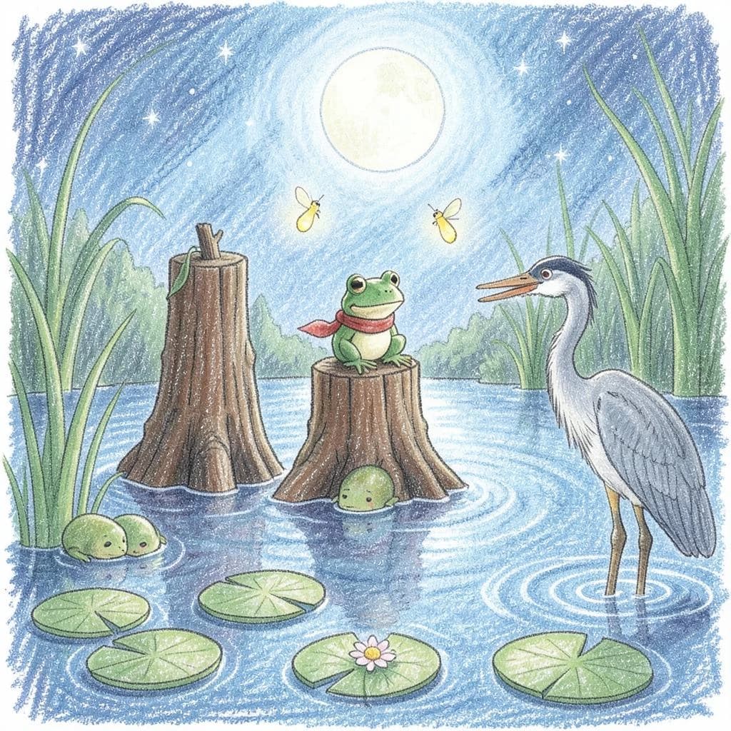Story card in soft children's book illustration with crayon texture. A moonlit swamp with three cypress stumps in a row across the water. A small green frog in a red scarf sits on the middle stump. Two fireflies circle above his head while four more sit sleeping on the reeds to the left. A heron stands knee deep at the right edge, looking away from the frog. Nine lily pads float across the foreground, only one of them carrying a flower.