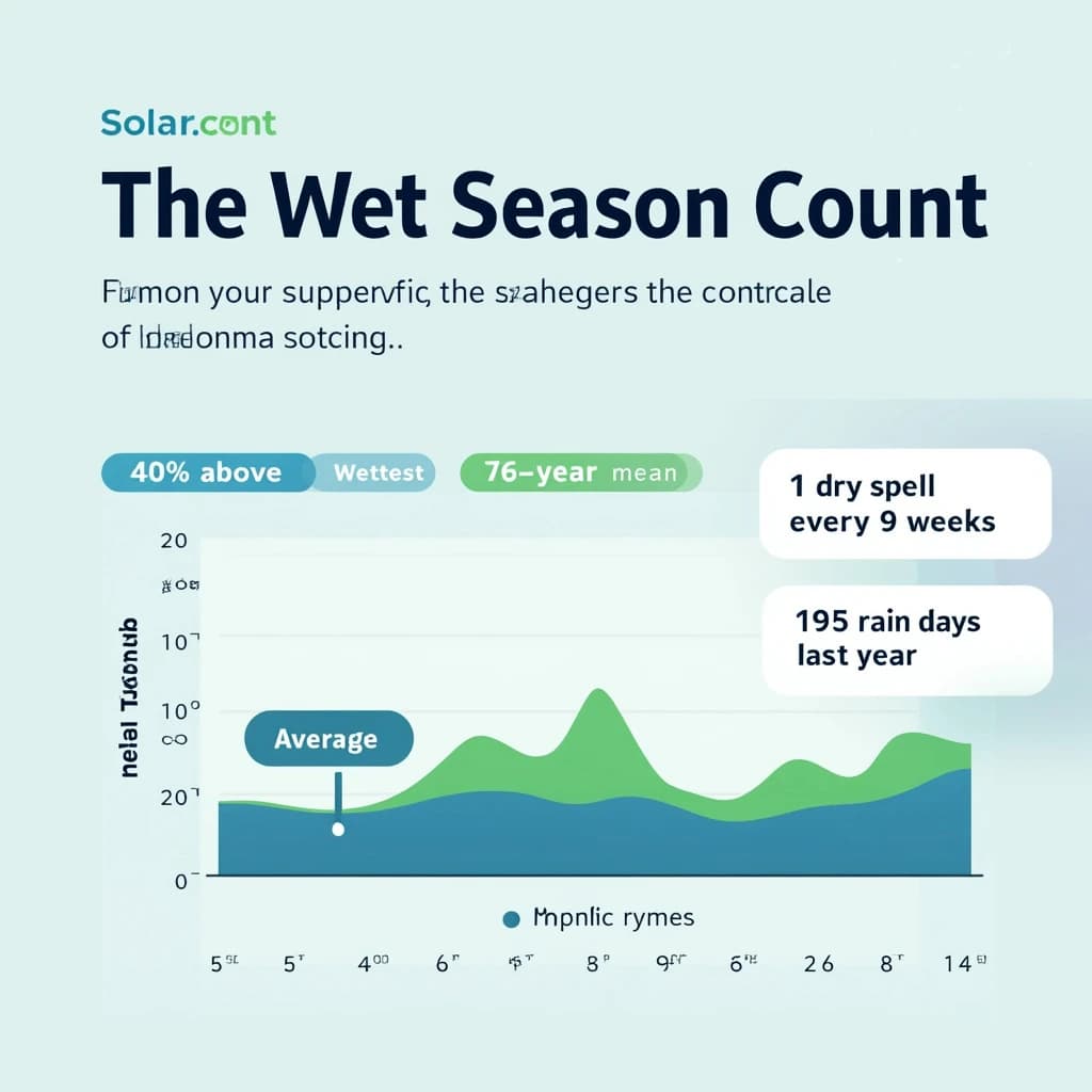 Flat vector illustration titled "The Wet Season Count": at the center a twelve-month rainfall timeline, carrying two keyed regions, "Average" shaded pale green and "Wettest" shaded dark blue, beside a right column of three stat chips reading "40% above the ten-year mean", "1 dry spell every 9 weeks" and "195 rain days last year".