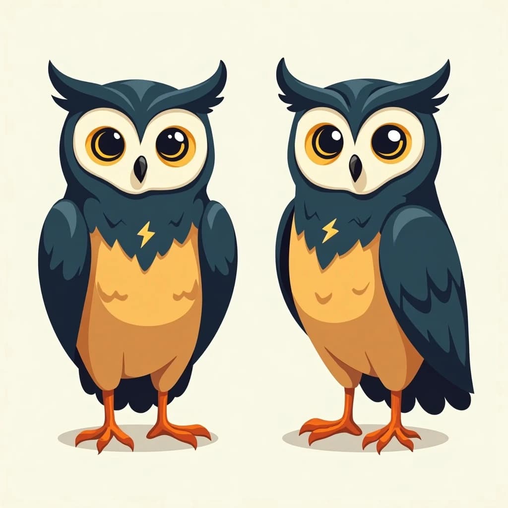 Flat vector illustration of the same bookstore owl mascot drawn in two views, captioned "front" and "side", every view carrying the wordmark "Harbor & Post" with a lightning-bolt symbol beside it in the same navy-and-gold coloring, only the angle changing.