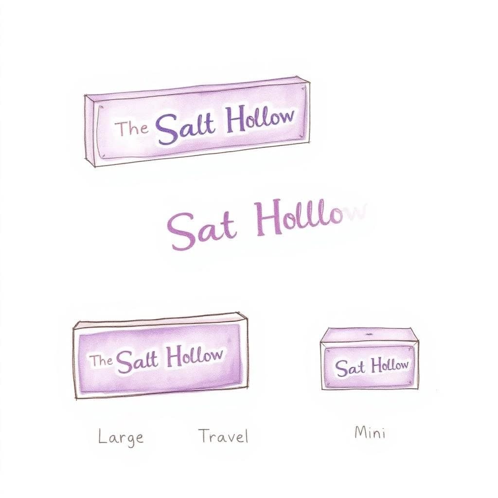 Watercolor of the same board-game box drawn in three editions, captioned "Large", "Travel" and "Mini", every edition carrying the wordmark "The Salt Hollow" in the same purple-and-white coloring, only the box size changing.