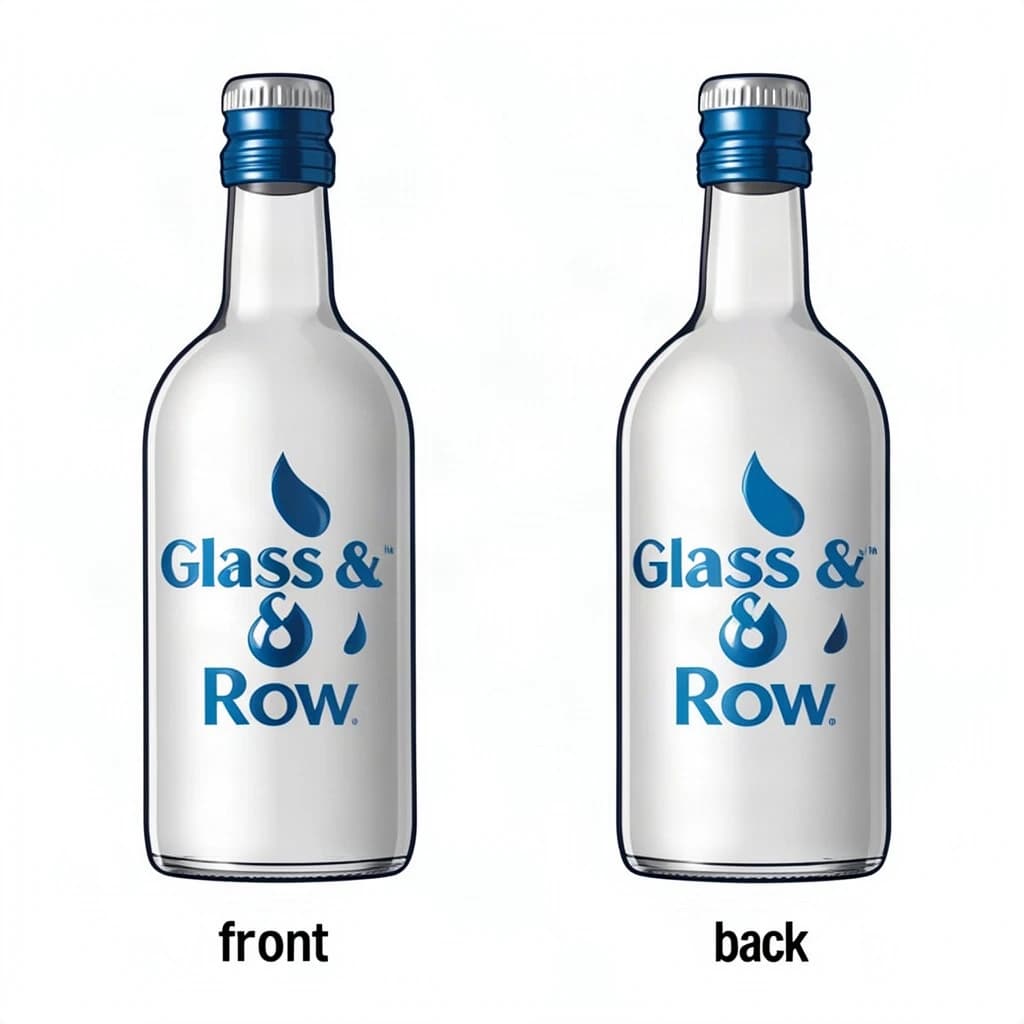 Printed poster of the same hot-sauce bottle drawn in two views, captioned "front" and "back", every view carrying the wordmark "Glass & Row" with a single droplet symbol beside it in the same blue-and-silver coloring, only the angle changing.