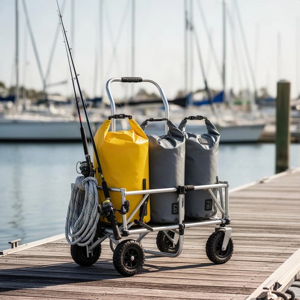 Lifestyle listing photo on a marina dock: a folding dock cart holding three dry bags, the largest yellow and the two smaller ones grey, two fishing rods leaning against the handle, and one coiled dock line hanging from the front rail. Masts blurred behind.