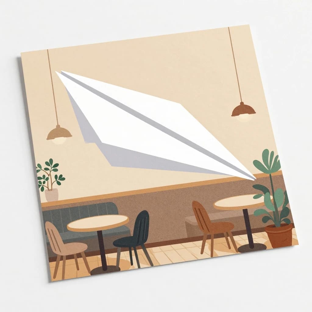Silkscreen print of a paper airplane inside a cozy cafe, layered wash, smooth vector finish, split-complementary palette.