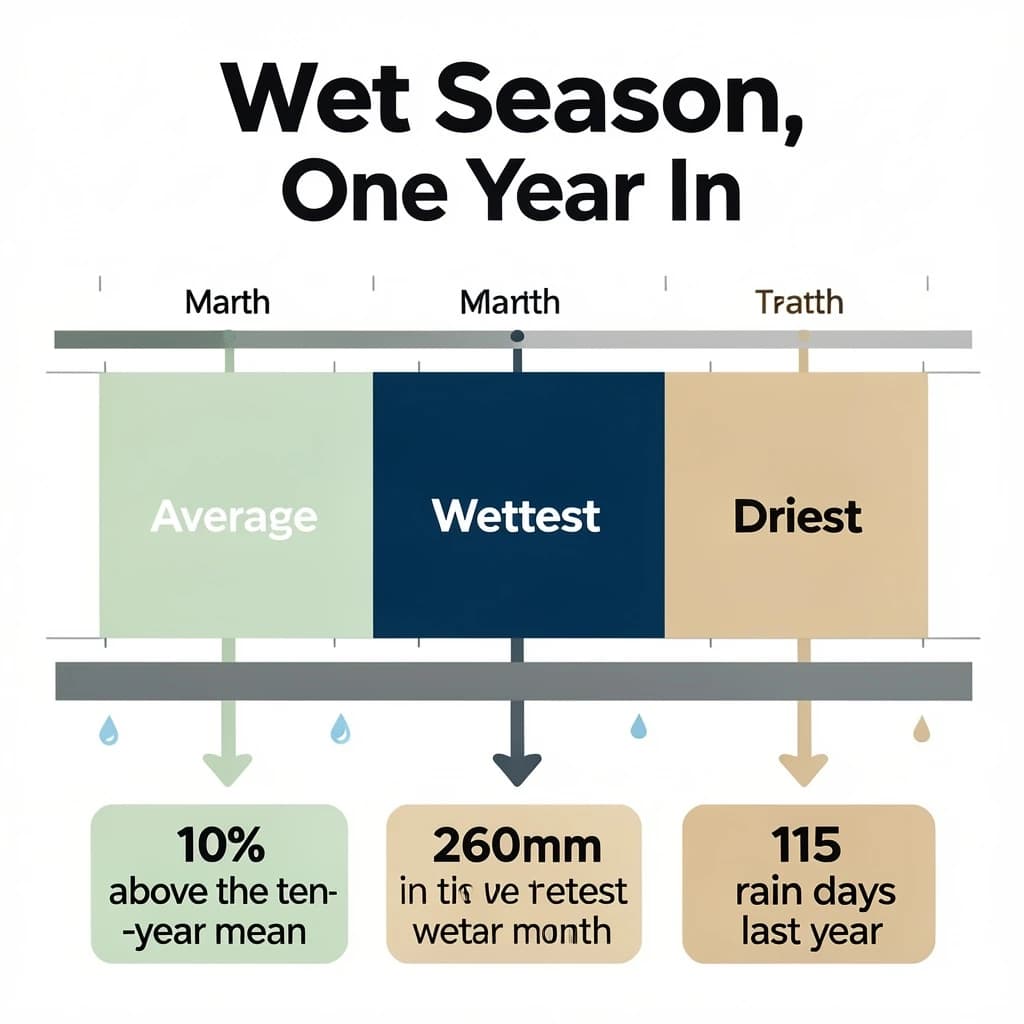 Flat vector illustration titled "Wet Season, One Year In". A twelve-month rainfall timeline sits at the center, carrying three keyed regions, "Average" shaded pale green, "Wettest" shaded dark blue and "Driest" shaded sand. Three stat chips run down a bottom row, reading "10% above the ten-year mean", "260mm in the wettest month" and "115 rain days last year". Each key color matches the shading of the region it names.