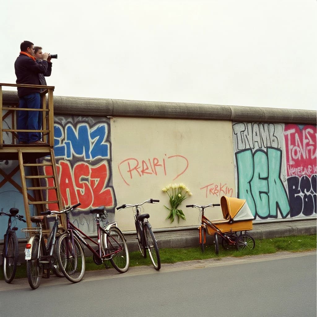 Shot on 1970s Kodachrome era color film, warm grain and slightly faded reds. A stretch of the Berlin Wall on a grey afternoon, covered in overlapping graffiti with one clean unpainted panel in the middle. Three people stand on a wooden viewing platform at the left, two of them looking over the top through binoculars while the third has turned back toward the camera with a cigarette. Four bicycles lean along the base of the wall, three upright and one fallen on its side. A pram is parked below the clean panel with a small bunch of tulips wedged into a crack above it. No cars in the frame.